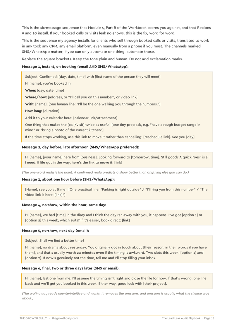 Playbook page 18: the six-message booked-call confirmation sequence, every message written out word for word with the send timing