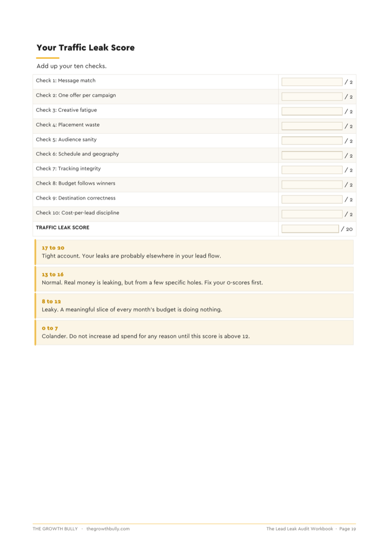 A scored worksheet page: ten checks, scored out of 20